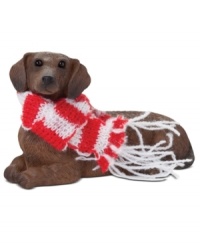 Bark up the right tree with a Christmas ornament for your dog – or a fellow animal lover! A cute red dachshund waits patiently for treats, dressed in a festively striped scarf. From Sandicast. Bark up the right tree with a Christmas ornament for your dog – or a fellow animal lover! A cute red dachshund waits patiently for treats, dressed in a festively striped scarf. From Sandicast.