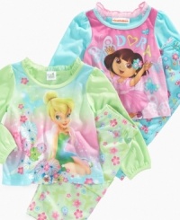Go exploring or add a pinch of fairy dust with this Dora or Tinkerbell top and pants pajama set.
