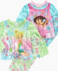 Go exploring or add a pinch of fairy dust with this Dora or Tinkerbell top and pants pajama set. Go exploring or add a pinch of fairy dust with this Dora or Tinkerbell top and pants pajama set.