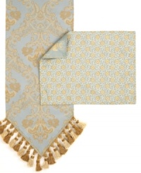 Renew your dining area with the artistic elegance of this Charlotte table runner from Sherry Kline Home. Features a majestic pattern that will add pure sophistication to your table. Finished with metallic gold tassel trim. Renew your dining area with the artistic elegance of this Charlotte table runner from Sherry Kline Home. Features a majestic pattern that will add pure sophistication to your table. Finished with metallic gold tassel trim.