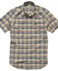 Get some western style in your wardrobe with this short-sleeved shirt from Lucky Brand. Get some western style in your wardrobe with this short-sleeved shirt from Lucky Brand.