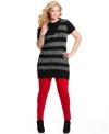 Look super-cute in the cold with Extra Touch's striped plus size tunic sweater, including a matching hat!