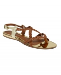 Free as a bird. Give your heels the night off with the Alabama flat sandals by BCBGeneration. Folksy braiding combines with a metallic, cushioned footbed and flexible sole for chic comfort. Free as a bird. Give your heels the night off with the Alabama flat sandals by BCBGeneration. Folksy braiding combines with a metallic, cushioned footbed and flexible sole for chic comfort.
