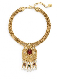 THE LOOKByzantine collectionTriple-chain designTextured teardrop pendant with drop detailsColored glass stone and faux pearl accents24k electroplated gold settingLobster claspTHE MEASUREMENTPendant width, about 2Pendant length, about 3Length, about 14ORIGINMade in USA THE LOOKByzantine collectionTriple-chain designTextured teardrop pendant with drop detailsColored glass stone and faux pearl accents24k electroplated gold settingLobster claspTHE MEASUREMENTPendant width, about 2Pendant length, about 3Length, about 14ORIGINMade in USA