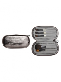Perfect for women on the go, the chic new set contains 5 scaled down brushes to address virtually every makeup need. The zippered metallic faux croc bag includes 5 sewn in pouches for the travel sized cheek, concealer, eye basic, eye liner and eye blend brushes. Made in USA. Perfect for women on the go, the chic new set contains 5 scaled down brushes to address virtually every makeup need. The zippered metallic faux croc bag includes 5 sewn in pouches for the travel sized cheek, concealer, eye basic, eye liner and eye blend brushes. Made in USA.