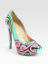 Luxurious satin pump with a whimsical swirl print in candy-colored hues. Self-covered heel, 5 (125mm)Hidden platform, 1 (25mm)Compares to a 4 heel (100mm)Printed satin upperLeather lining and solePadded insoleMade in Italy Luxurious satin pump with a whimsical swirl print in candy-colored hues. Self-covered heel, 5 (125mm)Hidden platform, 1 (25mm)Compares to a 4 heel (100mm)Printed satin upperLeather lining and solePadded insoleMade in Italy