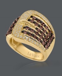 Add a little snap to your style. This sparkling ring by Le Vian features a 14k gold band decorated by round-cut chocolate diamonds (7/8 ct. t.w.) and white diamonds (1/4 ct. t.w.) in a unique, buckle-shaped pattern. Size 7. Add a little snap to your style. This sparkling ring by Le Vian features a 14k gold band decorated by round-cut chocolate diamonds (7/8 ct. t.w.) and white diamonds (1/4 ct. t.w.) in a unique, buckle-shaped pattern. Size 7.