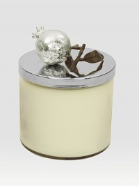 A soywax candle gently perfumes any room with a subtle scent inspired by the sweet, verdant fruitiness of pomegranate. Creamy musks and white woods form the base for a central blend of olive blossom, green muguet and white violet. The sweet top notes ring with green ivy, olive leaf and tamarind accents. From the Pomegranate CollectionSoywax candleGlass jar with metal lid5H X 3¾ diam.Made in USA A soywax candle gently perfumes any room with a subtle scent inspired by the sweet, verdant fruitiness of pomegranate. Creamy musks and white woods form the base for a central blend of olive blossom, green muguet and white violet. The sweet top notes ring with green ivy, olive leaf and tamarind accents. From the Pomegranate CollectionSoywax candleGlass jar with metal lid5H X 3¾ diam.Made in USA