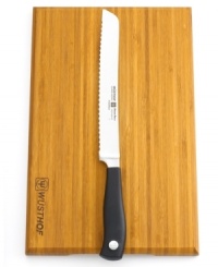 Hey sharp stuff-stock your kitchen with the best tools for every task! The perfect duo for hosting or simply sitting down to a delicious meal, this 8 bread knife expertly handles the firm crust and soft inside of your favorite loaf, while the bamboo cutting board protects countertops, maintains the sharp edge of your knife and adds an attractive accent to your space. Lifetime warranty. Hey sharp stuff-stock your kitchen with the best tools for every task! The perfect duo for hosting or simply sitting down to a delicious meal, this 8 bread knife expertly handles the firm crust and soft inside of your favorite loaf, while the bamboo cutting board protects countertops, maintains the sharp edge of your knife and adds an attractive accent to your space. Lifetime warranty.