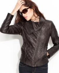 GUESS gives the classic biker jacket a chic update, complete with an overlapping asymmetrical collar and a cool quilted texture. GUESS gives the classic biker jacket a chic update, complete with an overlapping asymmetrical collar and a cool quilted texture.