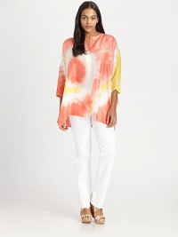 A burst of vibrant colors lend psychedelic charm to this luxurious silk top. Split collarThree-quarter sleevesSide slitsAbout 32 from shoulder to hemSilkDry cleanImported A burst of vibrant colors lend psychedelic charm to this luxurious silk top. Split collarThree-quarter sleevesSide slitsAbout 32 from shoulder to hemSilkDry cleanImported