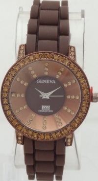 Geneva Women's Silicone Designer Watch with Brown Baguette Stones Bezel Geneva Women's Silicone Designer Watch with Brown Baguette Stones Bezel