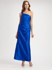 This sculptural, evening-perfect design is rendered in vibrant, luxurious silk.Asymmetrical necklineSingle shoulder strapPleated bodiceBack bow detailBack drapeConcealed side zipFully linedAbout 45 from natural waistSilkDry cleanImportedModel shown is 5'10½ (179cm) wearing US size 2. This sculptural, evening-perfect design is rendered in vibrant, luxurious silk.Asymmetrical necklineSingle shoulder strapPleated bodiceBack bow detailBack drapeConcealed side zipFully linedAbout 45 from natural waistSilkDry cleanImportedModel shown is 5'10½ (179cm) wearing US size 2.
