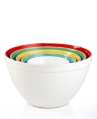 What's inside counts! Clean and simple on the outside, each durable ceramic bowl reveals a surprise colored interior that puts mixing, stirring and prepping fantastic meals on the bright side. The nesting design creates convenience when storing and organizing. What's inside counts! Clean and simple on the outside, each durable ceramic bowl reveals a surprise colored interior that puts mixing, stirring and prepping fantastic meals on the bright side. The nesting design creates convenience when storing and organizing.