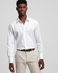 An ultraclean look. Cotton button-front shirt has spread collar, no pockets and a slightly lean fit. An ultraclean look. Cotton button-front shirt has spread collar, no pockets and a slightly lean fit.