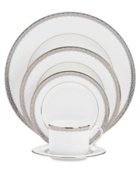 Inspired by the trim on an elegant couture gown, this graceful place settings from Lenox's dinnerware and dishes collection features an intricate platinum border that combines harmoniously with white bone china for unparalleled style. Inspired by the trim on an elegant couture gown, this graceful place settings from Lenox's dinnerware and dishes collection features an intricate platinum border that combines harmoniously with white bone china for unparalleled style.