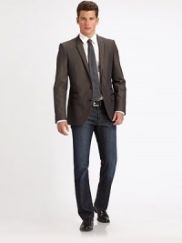 Classic, sophisticated two-button silhouette, in fine cotton trimmed in leather for a contemporary touch.ButtonfrontWaist flap pocketsRear ventFully linedAbout 28 from shoulder to hemCottonDry cleanImported Classic, sophisticated two-button silhouette, in fine cotton trimmed in leather for a contemporary touch.ButtonfrontWaist flap pocketsRear ventFully linedAbout 28 from shoulder to hemCottonDry cleanImported
