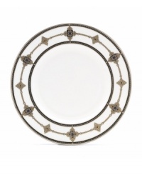 Echoing the style of the sophisticated art deco era, the Vintage Jewel Accent Plate from Lenox's dinnerware and dishes collection evokes a more gracious time. The eclectic look combines pure white bone china with an elegant design in muted metallics. Echoing the style of the sophisticated art deco era, the Vintage Jewel Accent Plate from Lenox's dinnerware and dishes collection evokes a more gracious time. The eclectic look combines pure white bone china with an elegant design in muted metallics.