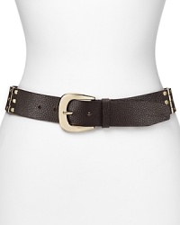Unique hinge accents stand out on this MICHAEL Michael Kors belt, that flaunts gold-tone hardware for luxe shine around your waist. Unique hinge accents stand out on this MICHAEL Michael Kors belt, that flaunts gold-tone hardware for luxe shine around your waist.