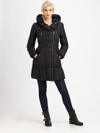 This quilted coat features a brilliant snapped collar that easily converts to a shawl collar or hood.Convertible pillow collarAsymmetrical double zipperZipper and flap pocketsBelted silhouetteAbout 33 from shoulder to hemNylonFill: goose down feathersDry cleanImported Model shown is 5'10 (177cm) wearing US size 4. 