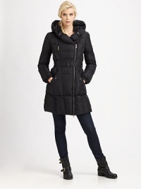 This quilted coat features a brilliant snapped collar that easily converts to a shawl collar or hood.Convertible pillow collarAsymmetrical double zipperZipper and flap pocketsBelted silhouetteAbout 33 from shoulder to hemNylonFill: goose down feathersDry cleanImported Model shown is 5'10 (177cm) wearing US size 4. This quilted coat features a brilliant snapped collar that easily converts to a shawl collar or hood.Convertible pillow collarAsymmetrical double zipperZipper and flap pocketsBelted silhouetteAbout 33 from shoulder to hemNylonFill: goose down feathersDry cleanImported Model shown is 5'10 (177cm) wearing US size 4.