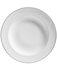 Like traditional embroidery, the Wedgwood English Lace soup bowl is meticulously crafted with delicate florals, all embossed in fine bone china that's remarkably dishwasher safe. With platinum banding. Like traditional embroidery, the Wedgwood English Lace soup bowl is meticulously crafted with delicate florals, all embossed in fine bone china that's remarkably dishwasher safe. With platinum banding.