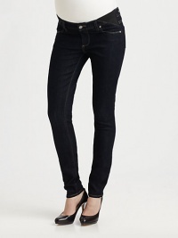 This skinny silhouette in a chic dark denim features elastic insets for ultimate flexibility.THE FITMid rise Inseam, about 31THE DETAILSZip fly Button closure Back pockets 73% cotton/27% elasterell machine wash Made in USA This skinny silhouette in a chic dark denim features elastic insets for ultimate flexibility.THE FITMid rise Inseam, about 31THE DETAILSZip fly Button closure Back pockets 73% cotton/27% elasterell machine wash Made in USA