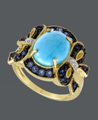 Make a statement in subtle shades of blue. Carlo Viani's decorative, bow-themed ring shines with the addition of an oval-cut turquoise (2-9/10 mm), round-cut tanzanite (1/6 ct. t.w.), round-cut sapphires (1/4 ct. t.w.) and white sapphire accents. Crafted in 14k gold. Make a statement in subtle shades of blue. Carlo Viani's decorative, bow-themed ring shines with the addition of an oval-cut turquoise (2-9/10 mm), round-cut tanzanite (1/6 ct. t.w.), round-cut sapphires (1/4 ct. t.w.) and white sapphire accents. Crafted in 14k gold.