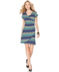 Wow them in this figure-flattering frock from Elementz. The abstract print enlivens the faux wrap silhouette. Wow them in this figure-flattering frock from Elementz. The abstract print enlivens the faux wrap silhouette.