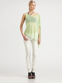 Filmy viscose in a sheer single-sleeve pullover finished with a chic asymmetric hem.BoatneckSingle draped dolman sleeveAsymmetric hemPullover styleAbout 24 from shoulder to hemViscoseDry cleanMade in USA of imported fabricModel shown is 5'10 (177cm) wearing US size Small. Filmy viscose in a sheer single-sleeve pullover finished with a chic asymmetric hem.BoatneckSingle draped dolman sleeveAsymmetric hemPullover styleAbout 24 from shoulder to hemViscoseDry cleanMade in USA of imported fabricModel shown is 5'10 (177cm) wearing US size Small.