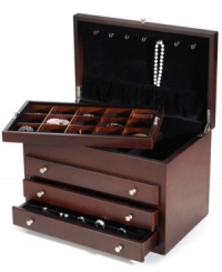Store and protect sentimental keepsakes in a walnut jewelry box from Wallace. Drawers, hooks, pockets and compartmentalized spaces for every accessory make it invaluable for an ever-expanding jewelry collection. Store and protect sentimental keepsakes in a walnut jewelry box from Wallace. Drawers, hooks, pockets and compartmentalized spaces for every accessory make it invaluable for an ever-expanding jewelry collection.