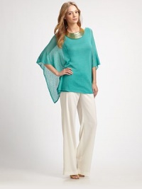 A luxurious blend of silk and cashmere is styled with sheer, wide, kimono-look draped sleeves and a slim, smooth body.Boat necklineSmooth, straight bodyWide, sheer, elbow-length kimono sleevesAbout 27 from shoulder to hem55% silk/45% cashmereDry cleanImported Model shown is 5'9½ (176cm) wearing US size Small. A luxurious blend of silk and cashmere is styled with sheer, wide, kimono-look draped sleeves and a slim, smooth body.Boat necklineSmooth, straight bodyWide, sheer, elbow-length kimono sleevesAbout 27 from shoulder to hem55% silk/45% cashmereDry cleanImported Model shown is 5'9½ (176cm) wearing US size Small.