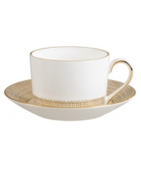 Like fine mesh ribbons, a crisscross of gold bands with platinum accents create this delightfully rustic dinnerware pattern. A beautiful way to bring homespun charm to formal events or exquisite style to every meal. Like fine mesh ribbons, a crisscross of gold bands with platinum accents create this delightfully rustic dinnerware pattern. A beautiful way to bring homespun charm to formal events or exquisite style to every meal.