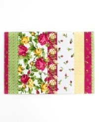 Kissed by a rose. Tiny buds, luscious blossoms and bright geometrics band together on Rose Kiss placemats, featuring a machine washable blend to outfit your table with ease. Kissed by a rose. Tiny buds, luscious blossoms and bright geometrics band together on Rose Kiss placemats, featuring a machine washable blend to outfit your table with ease.