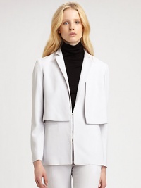 Trompe l'oeil in its truest form, this structured jacket has a front overlay that creates a layered look. Notched lapelsFront zipperLong sleevesFront zippered slash pocketsBack vent73% viscose/24% virgin wool/3% elastaneDry cleanImported of Italian fabricModel shown is 5'10 (177cm) wearing US size 2.