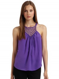THE LOOKRound necklineOpen weave macrame yoke Sleeveless with braided straps Gathered details Fringe accentsU-shaped hemBack gathered necklineTHE FITAbout 24 from shoulder to hemTHE MATERIALSilkCARE & ORIGINDry cleanImportedModel shown is 5'9 (175cm) wearing US size 4. THE LOOKRound necklineOpen weave macrame yoke Sleeveless with braided straps Gathered details Fringe accentsU-shaped hemBack gathered necklineTHE FITAbout 24 from shoulder to hemTHE MATERIALSilkCARE & ORIGINDry cleanImportedModel shown is 5'9 (175cm) wearing US size 4.