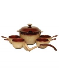 Warm up with French onion, split pea and the cool retro styling of the Nova 7-piece soup set from Sango's collection of serveware and serving dishes. Oven-safe bowls and a coordinating soup tureen make it easier than every to get a hot, delicious meal. (Clearance)