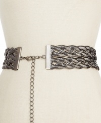 Twist and shout over this unique chain belt from Steve Madden. Composed of braided strands of metal, giving a futuristic flair. Twist and shout over this unique chain belt from Steve Madden. Composed of braided strands of metal, giving a futuristic flair.