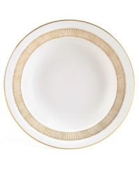 Like fine mesh ribbons, a crisscross of gold bands with platinum accents create this delightfully rustic dinnerware pattern. A beautiful way to bring homespun charm to formal events or exquisite style to every meal. Like fine mesh ribbons, a crisscross of gold bands with platinum accents create this delightfully rustic dinnerware pattern. A beautiful way to bring homespun charm to formal events or exquisite style to every meal.