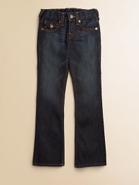 Dark wash denim with subtle whiskering, decorative contrast stitching with snake eyes pocket detail and slight fading on the thighs in a classic bootcut silhouette.Front snap closureAdjustable waistband with belt loopsZip flyFive-pocket styleCottonMachine washImported Dark wash denim with subtle whiskering, decorative contrast stitching with snake eyes pocket detail and slight fading on the thighs in a classic bootcut silhouette.Front snap closureAdjustable waistband with belt loopsZip flyFive-pocket styleCottonMachine washImported