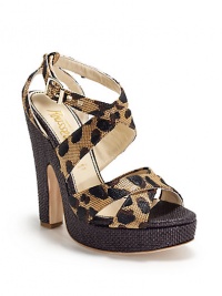 THE LOOKCrisscrossed leopard printed strapsAdjustable ankle strapCovered heel 5 (125mm)Wooden platform, 1 (25mm)Compares to a 4 heel (100mm)THE MATERIALFabric and leather upperLeather lining and soleORIGINMade in Italy THE LOOKCrisscrossed leopard printed strapsAdjustable ankle strapCovered heel 5 (125mm)Wooden platform, 1 (25mm)Compares to a 4 heel (100mm)THE MATERIALFabric and leather upperLeather lining and soleORIGINMade in Italy