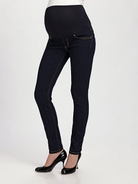 The sleek, skinny-leg silhouette of dark denim with an expandable, elastic belly panel is the ultimate choice in maternity style. THE FITSlim-leg Rise, about 11 Inseam, about 34½THE DETAILSFaux fly Five-pocket style Contrast topstitching Dark washCotton/polyester/lycra; machine wash Made in USA The sleek, skinny-leg silhouette of dark denim with an expandable, elastic belly panel is the ultimate choice in maternity style. THE FITSlim-leg Rise, about 11 Inseam, about 34½THE DETAILSFaux fly Five-pocket style Contrast topstitching Dark washCotton/polyester/lycra; machine wash Made in USA