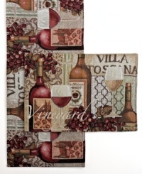 Set an appetizing table with the Villa Toscana runner from Windham Weavers. An elaborate tapestry of wine and views of an Italian vineyard inspire beautiful meals in a laid-back setting. Set an appetizing table with the Villa Toscana runner from Windham Weavers. An elaborate tapestry of wine and views of an Italian vineyard inspire beautiful meals in a laid-back setting.