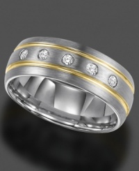 Step into the spotlight. This men's ring by Triton features five, round-cut diamonds (1/6 ct. t.w.) set in tungsten with two horizontal rows of yellow gold PVD. Approximate band width: 8 mm. Sizes 8-15. Step into the spotlight. This men's ring by Triton features five, round-cut diamonds (1/6 ct. t.w.) set in tungsten with two horizontal rows of yellow gold PVD. Approximate band width: 8 mm. Sizes 8-15.