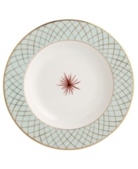 An intricate gold lattice pattern frames a single starburst in the center of this striking rim soup bowl from Bernardaud. An intricate gold lattice pattern frames a single starburst in the center of this striking rim soup bowl from Bernardaud.