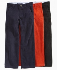 These corduroy zip-fly and button-closure pants by Tommy Hilfiger are solid classics. These corduroy zip-fly and button-closure pants by Tommy Hilfiger are solid classics.
