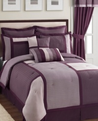 Purple reigns supreme in the Chesire comforter set, featuring everything you need to give your room a stylish makeover in minutes. This chic ensemble boasts textured ribbing on bold blocks of color for a decidedly modern allure. Accent pillows and coordinating window treatments finish the look with flair. (Clearance) Purple reigns supreme in the Chesire comforter set, featuring everything you need to give your room a stylish makeover in minutes. This chic ensemble boasts textured ribbing on bold blocks of color for a decidedly modern allure. Accent pillows and coordinating window treatments finish the look with flair. (Clearance)