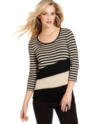 This top from Cable & Gauge makes a bold statement with classic stripes and colorblocking at the hem. Pair it with skinny pants for a no-fuss ensemble. This top from Cable & Gauge makes a bold statement with classic stripes and colorblocking at the hem. Pair it with skinny pants for a no-fuss ensemble.