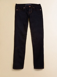 Gently faded slim leg jeans are comfortable stretch denim with whiskered details.Front zip and button closure Belt loops Classic five pocket style 92% cotton/7% polyester/1% spandex Machine wash Made in USA Gently faded slim leg jeans are comfortable stretch denim with whiskered details.Front zip and button closure Belt loops Classic five pocket style 92% cotton/7% polyester/1% spandex Machine wash Made in USA