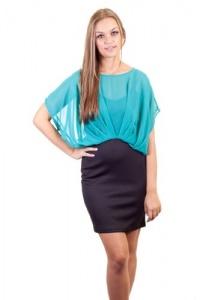Toska Color Block Chiffon Top Overlay Fitted Skirt Back Zipper Body Con Form Fitting Short Dress Aqua Turquoise Toska Color Block Chiffon Top Overlay Fitted Skirt Back Zipper Body Con Form Fitting Short Dress Aqua Turquoise